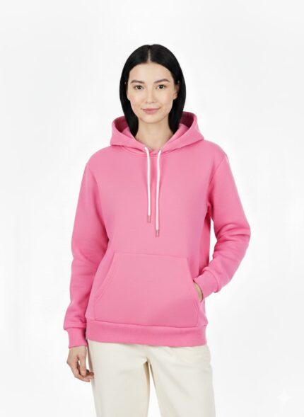 Yumuşak Kumaşlı İçi Polarlı Kapüşonlu Kanguru Cepli Regular Normal Kalıp Pembe Sweatshirt Hoodie