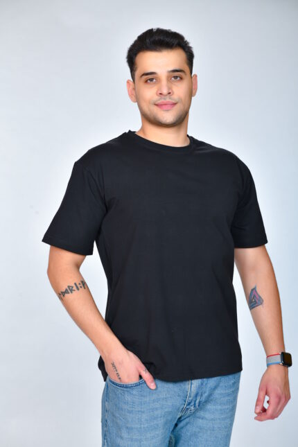 Siyah Regular Normal Kalıp Kalın Dokulu %100 Pamuk Bisiklet Yaka Tişört
